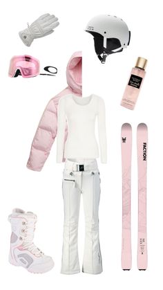 a snowboarder's gear including skis, helmet and gloves is shown