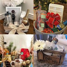 four different baskets filled with holiday gifts on top of a bed next to a christmas tree