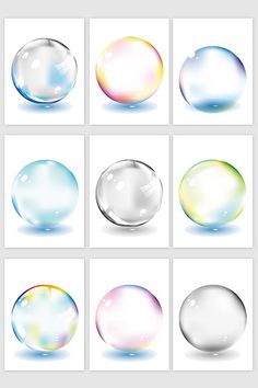 six different colored glass balls on a white background, each with an individual's own image