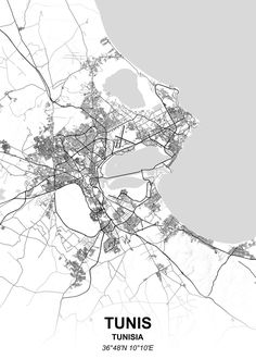 a map of the city of tunis, with its streets and major roads in black and white