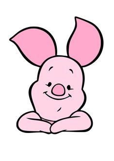 a pink bunny sitting on the ground with its eyes closed and ears wide open, smiling