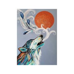 a painting of a wolf with an orange moon in the sky above it's head