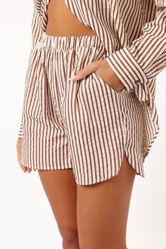 Kennie Shorts - Brown Stripe - Petal & Pup USA Relaxed Fit Shorts With Banded Waist For Loungewear, Relaxed Fit Striped Beachwear Shorts, Striped Relaxed Fit Shorts For Beachwear, Striped Pajama Shorts For Day Out, Chic Vertical Striped Shorts, Chic Shorts With Vertical Stripes, Striped Relaxed Fit Pajama Shorts, Spring Striped Relaxed Fit Shorts, Striped Cotton Shorts For Day Out