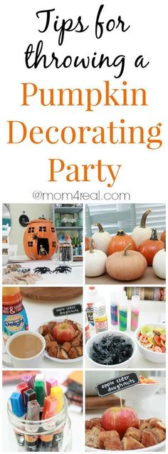 pumpkin decorating party with text overlay that reads tips for throwing a pumpkin decorating party