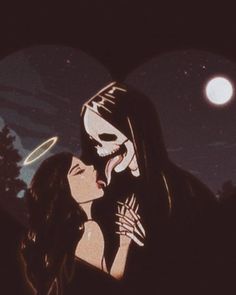 a couple kissing in the dark under a full moon