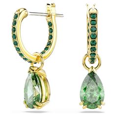 Designed to catch the light at all angles, these earrings are destined to become your new style favorite. Each piece features a pear-cut green crystal, which is suspended from gold-tone plated hoops embellished with dazzling green pavé. Wear them with your hair up alongside other pieces from the same family. Crystal Hanging, Brand Deals, Stackable Ring Sets, Pink Watch, Blue Watches, Rose Gold Watches, Green Crystal, Swarovski Earrings, Single Earring