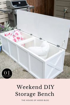 an outdoor storage bench with the text weekend diy storage bench