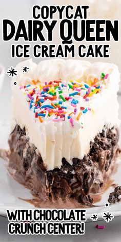 an advertisement for dairy queen ice cream cake with chocolate and sprinkles on it