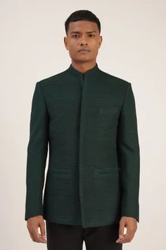 Shop for Dhruv Vaish Green Silk Pintuck High Neck Bandhgala for Men Online at Aza Fashions Tailored Bandhgala With Stand Collar For Semi-formal Occasions, Formal Nehru Jacket With Stand Collar, Formal Green Winter Sets, Fitted Kurta With Stand Collar For Workwear, Fitted Stand Collar Kurta For Workwear, Elegant Green Semi-formal Kurta, Designer Fitted Bandhgala For Workwear, Green Elegant Sherwani For Formal Occasions, Elegant Green Sherwani For Formal Occasions