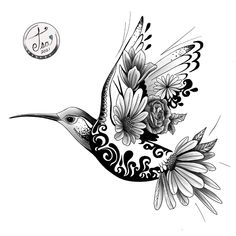 a black and white drawing of a humming bird with flowers