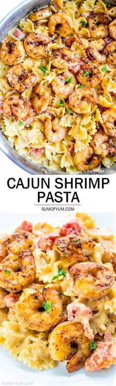 two pictures showing different types of pasta with shrimp on top and the same side by side