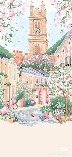 a painting of a clock tower in the middle of a town with trees and flowers