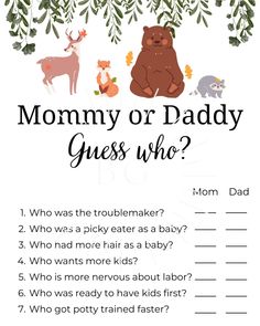 a printable mommy or daddy guess who? game with animals and leaves on it