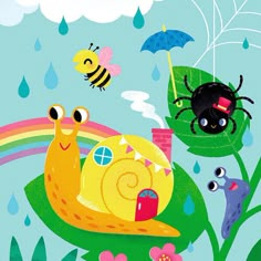 a snail and some other animals are in the rain with umbrellas over their heads