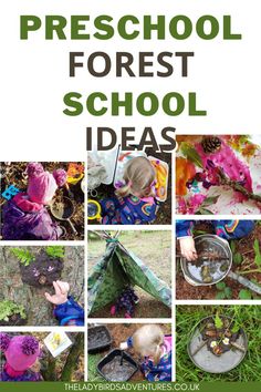 a collage of photos with the words preschool forest school ideas