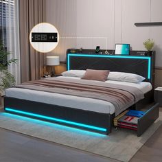 a bed with blue lights on it and a night stand next to the headboard