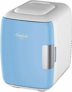 a blue and white toaster with the word coolflo on it's side