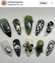 Swamp Nails, Valorant Nails, Earthy Goth, Earthy Nails, Earthy Grunge, Light Grunge, Asian Nails, Hello Nails, Punk Nails