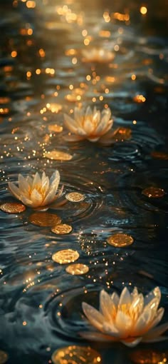 water lilies floating on top of a body of water with gold dots around them