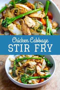 chicken and vegetable stir fry in a white bowl