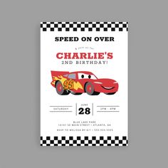 a race car birthday party card with the words, speed on over charlie's and birthday