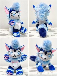 four different pictures of a stuffed animal with blue fur