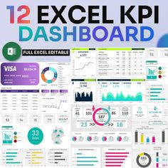 the 12 excel kpi dashboard is displayed in this poster