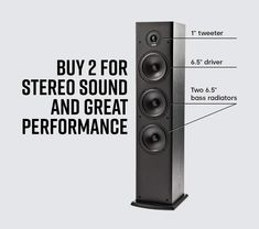 a speaker with the words buy 2 for stereo sound and great performance on it's side