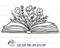 an open book with flowers on it and the words svg dxf png