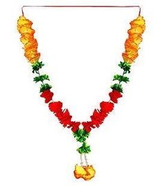 an orange and red flowered necklace with bells on it's end, hanging from a white background