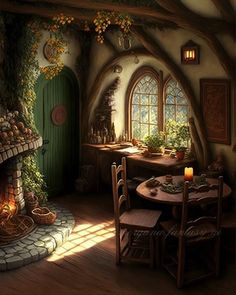 an image of a dining room with a fireplace in the middle and lots of plants growing on the walls