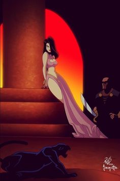 a woman in a purple dress standing next to a black cat on the ground with an orange light behind her