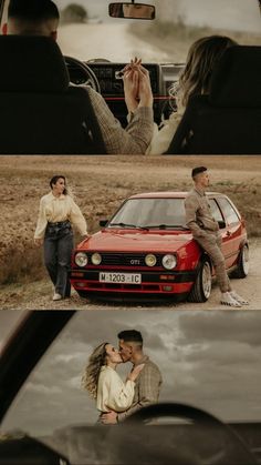 two people sitting in the back seat of a car and one person standing next to a red car