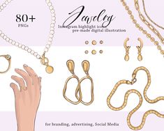 Jewelry Clipart, For Instagram Highlights, Personal Social, Fine Gold Necklace, Womens Jewellery, Women Jewellery, Gold Earrings For Women, Highlight Icons, Bracelet Ring