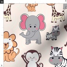 an elephant, giraffe, zebra, and monkey pattern on a white background