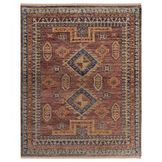 an orange and blue rug with geometric designs on the front, in various colors and shapes