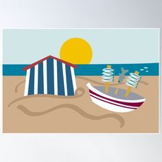 a beach scene with a boat on the sand and a sun in the background poster