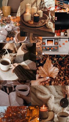 a collage of photos with candles, books and autumn leaves