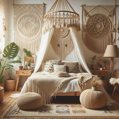 a bedroom decorated in neutral tones with macrame decor