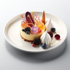 a white plate topped with a dessert covered in fruit