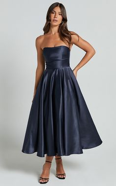 Helaina Midi Dress - Strapless A-Line Satin Dress in Navy Satin A Line Bridesmaid Dresses, A Line Midi Bridesmaid Dresses, Classic A Line Dress, Strapless Tea Length Dress, Tea Length Formal Dress, Strapless Aline Dress, Satin Midi Dress Wedding Guest, Midi Dress Semi Formal, Regal Bridesmaid Dresses