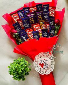 a bunch of chocolates in a red paper wrapper next to a small potted plant