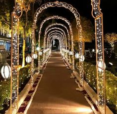 an outdoor walkway decorated with christmas lights