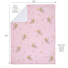 a pink blanket with tinkerbells on it and white stars in the background