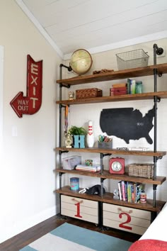 Teen Storage, Industrial Shelves, Teenage Room Decor, Teen Boy Room, Boy Room Ideas, Boy Bedroom Design, Boy’s Room, Boy Rooms