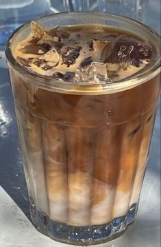 an iced beverage in a glass on a table