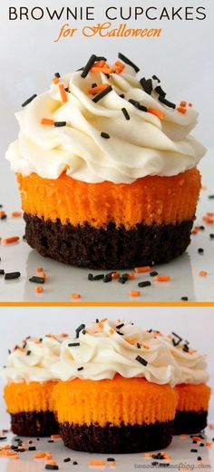 an orange cupcake with white frosting and sprinkles is shown in three different views