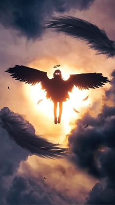 an angel is flying through the sky with its wings spread out and it appears to be surrounded by feathers