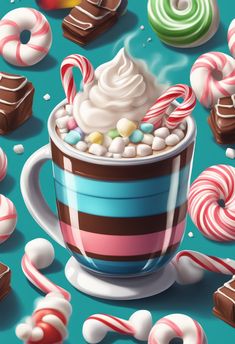 a cup filled with candy and marshmallows on top of a blue surface