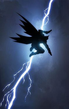 a batman flying through the air with lightning in the sky behind him and his shadow on the ground